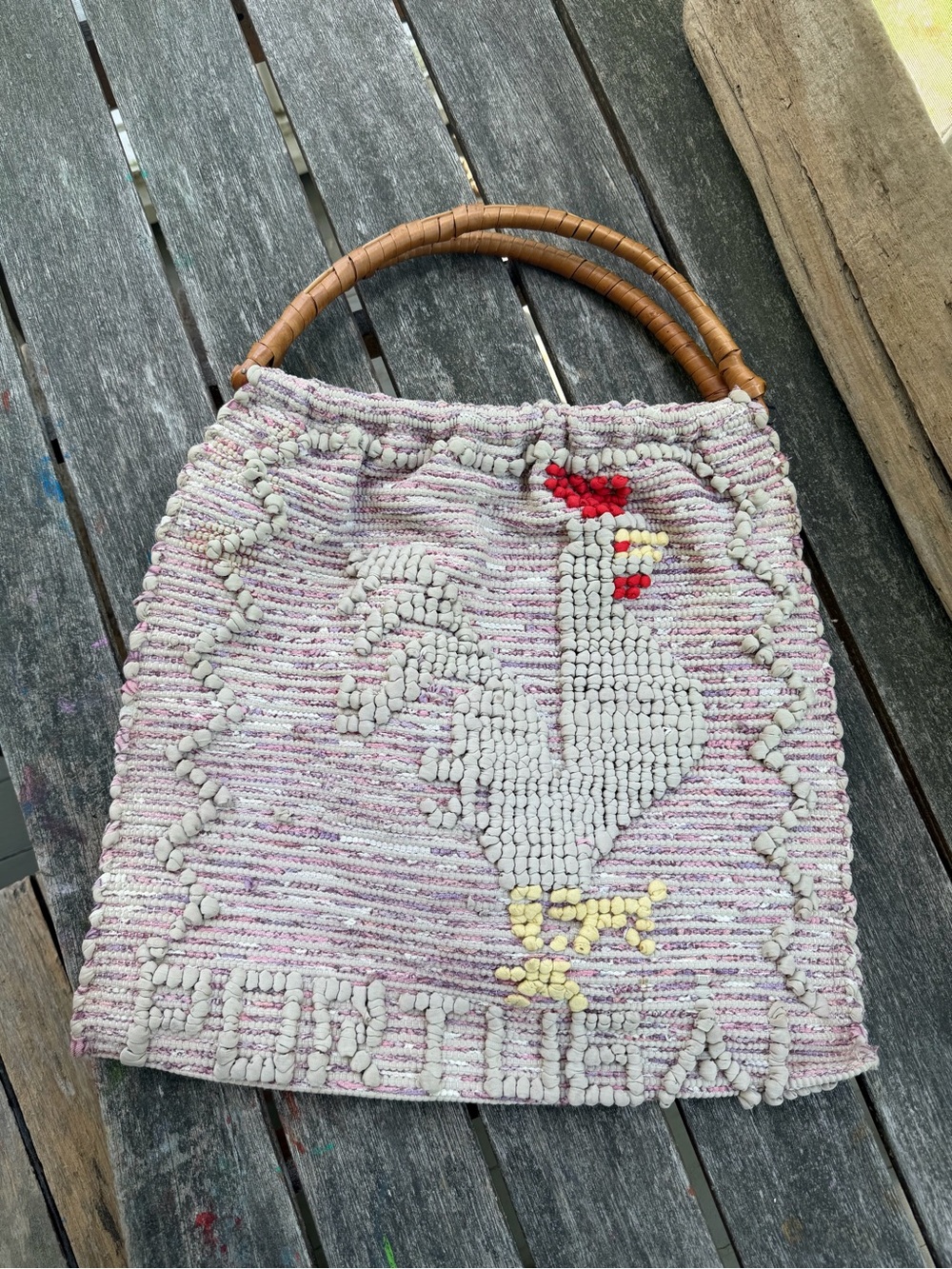 Vtg Portugal Woven Rug Purse Rooster Handmade Funky Bag w/ Rattan Handles Tote
